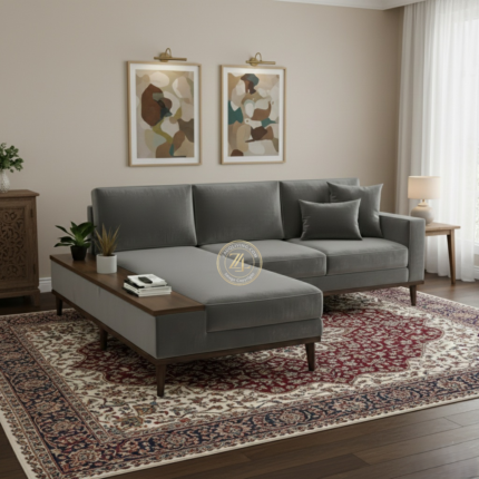 Modern L-shaped suede velvet sectional sofa by Zauq Living Lahore with acacia wood legs