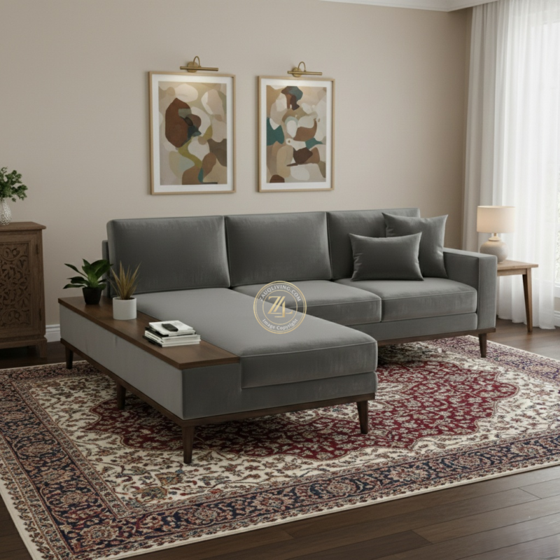 Modern L-shaped suede velvet sectional sofa by Zauq Living Lahore with acacia wood legs