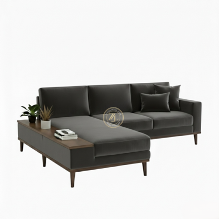 Modern L-shaped suede velvet sectional sofa by Zauq Living Lahore with acacia wood legs
