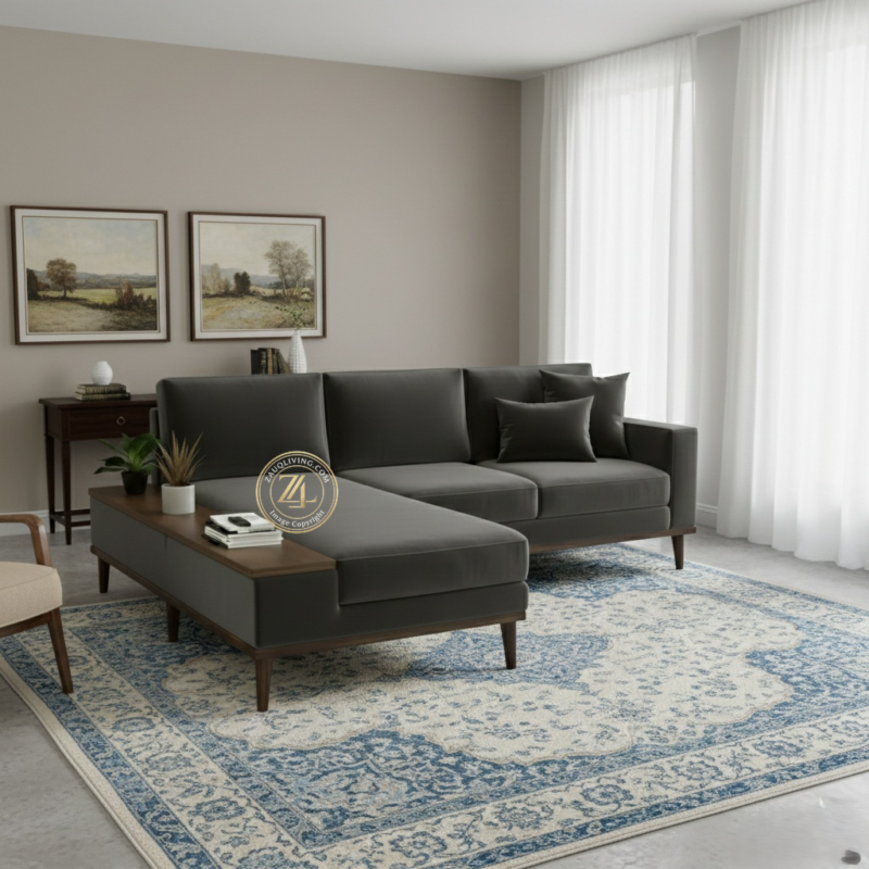 Modern L-shaped suede velvet sectional sofa by Zauq Living Lahore with acacia wood legs