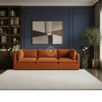 Orange velvet modular sofa with ball fiber seating and acacia wood frame Lahore