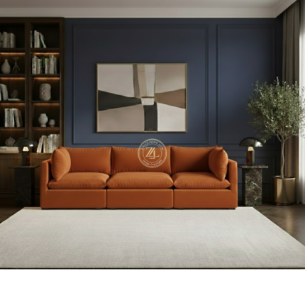 Orange velvet modular sofa with ball fiber seating and acacia wood frame Lahore