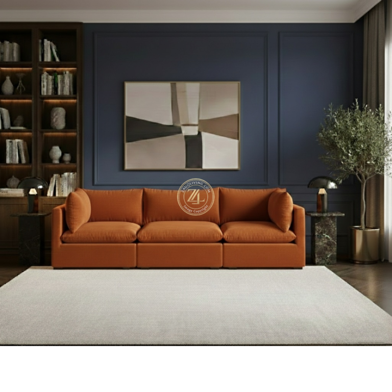 Orange velvet modular sofa with ball fiber seating and acacia wood frame Lahore