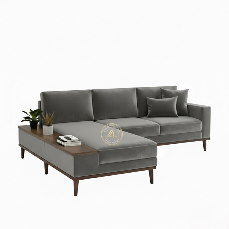 Modern L-shaped suede velvet sectional sofa by Zauq Living Lahore with acacia wood legs