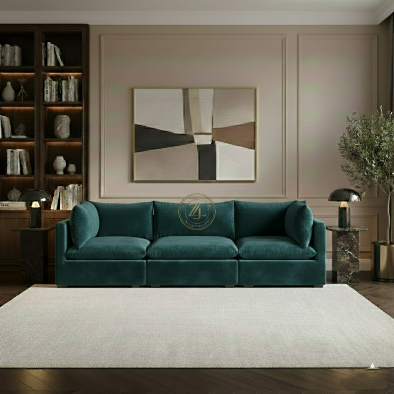 Teal Green velvet modular sofa with ball fiber seating and acacia wood frame Lahore