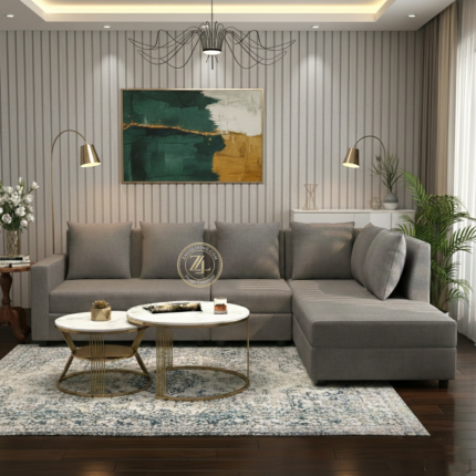 Grey L-shaped sectional sofa with MoltyFoam by Zauq Living Lahore