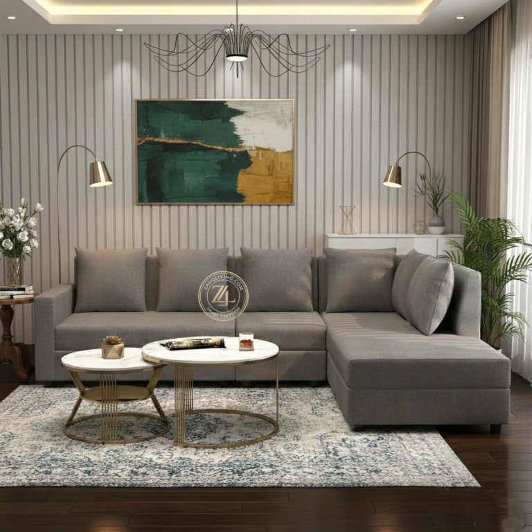 Grey L-shaped sectional sofa with MoltyFoam by Zauq Living Lahore