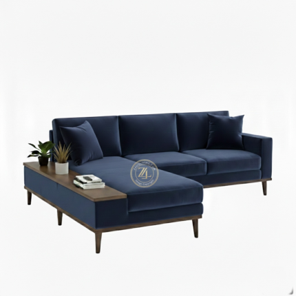 Modern L-shaped suede velvet sectional sofa by Zauq Living Lahore with acacia wood legs