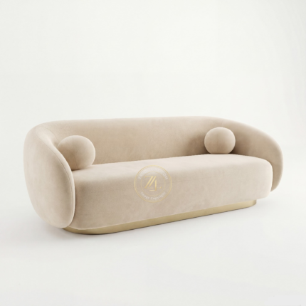 Modern curved Cream 01 Front velvet sofa with round cushions by Zauq Living Lahore