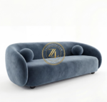 Modern curved blue velvet sofa with round cushions by Zauq Living Lahore.