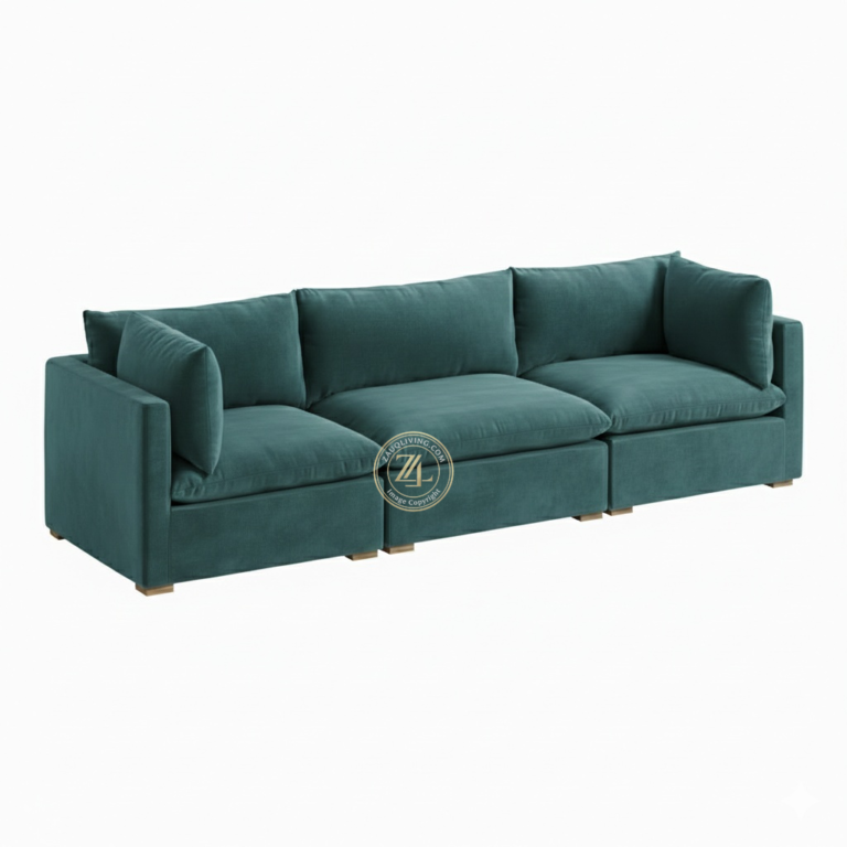 Teal green velvet modular sofa with ball fiber seating and acacia wood frame Lahore