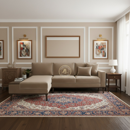 Modern L-shaped Suede velvet sectional sofa by Zauq Living Lahore with acacia wood legs