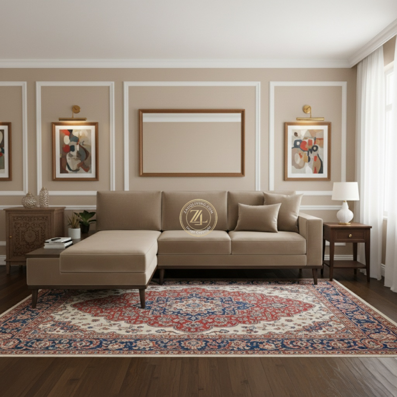 Modern L-shaped Suede velvet sectional sofa by Zauq Living Lahore with acacia wood legs