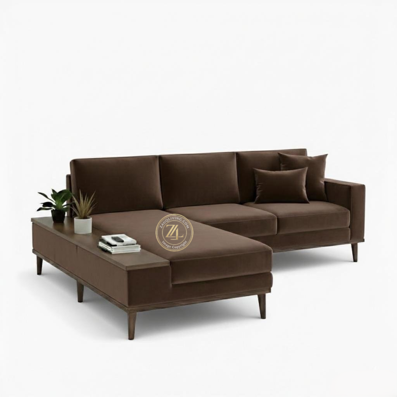 Modern L-shaped suede velvet sectional sofa by Zauq Living Lahore with acacia wood legs