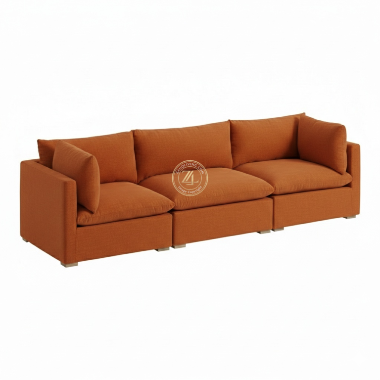 Orange velvet modular sofa with ball fiber seating and acacia wood frame Lahore