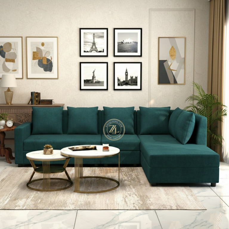 Teal Green L-shaped sectional sofa with MoltyFoam by Zauq Living Lahore