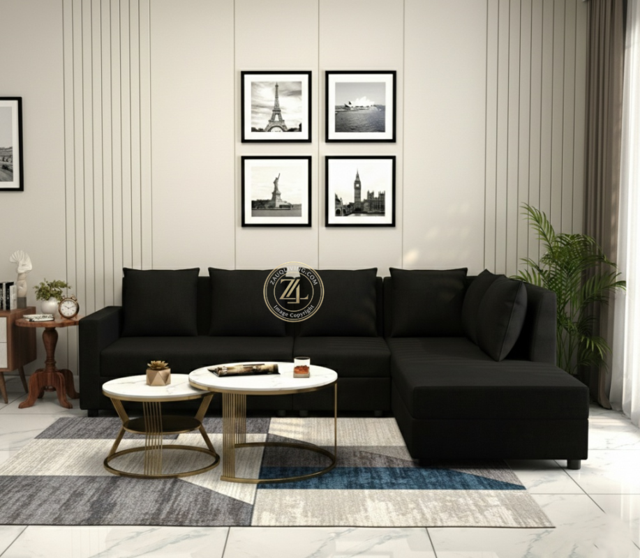 Black L-shaped sectional sofa with MoltyFoam by Zauq Living Lahore