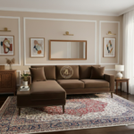 Modern L-shaped suede velvet sectional sofa by Zauq Living Lahore with acacia wood legs