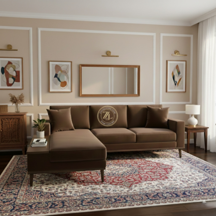 Modern L-shaped suede velvet sectional sofa by Zauq Living Lahore with acacia wood legs