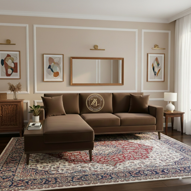 Modern L-shaped suede velvet sectional sofa by Zauq Living Lahore with acacia wood legs