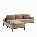 Modern L-shaped suede velvet sectional sofa by Zauq Living Lahore with acacia wood legs