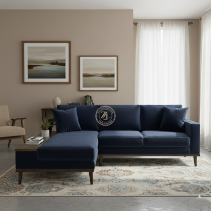 Modern L-shaped suede velvet sectional sofa by Zauq Living Lahore with acacia wood legs