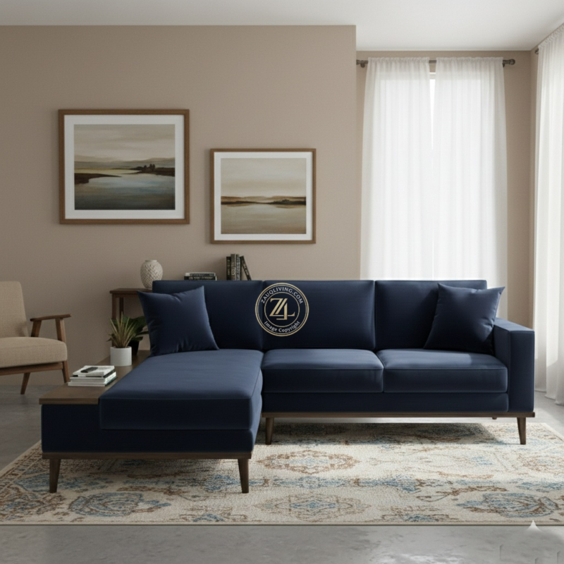 Modern L-shaped suede velvet sectional sofa by Zauq Living Lahore with acacia wood legs